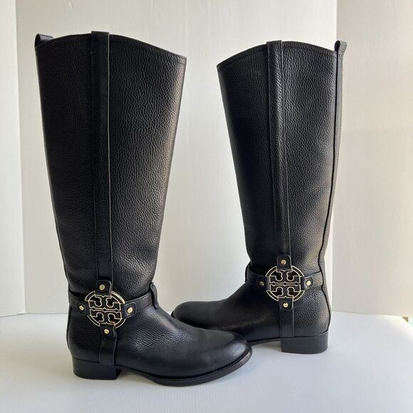Tory Burch Black Leather Amanda Tall Riding Boots Size 6.5 Big Logo - Picture 16 of 16